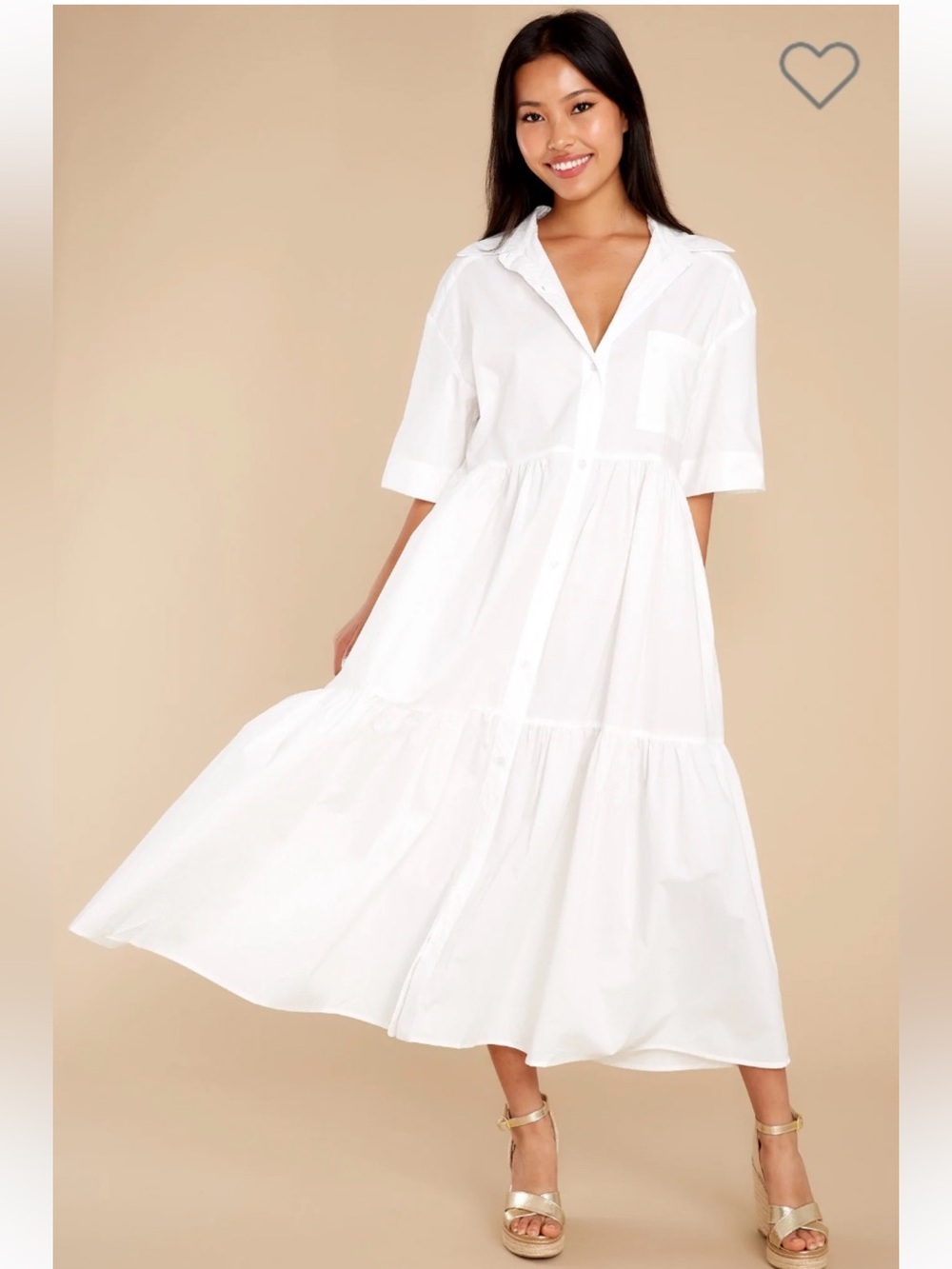 Mable Button-Front White Maxi Dress with Collar